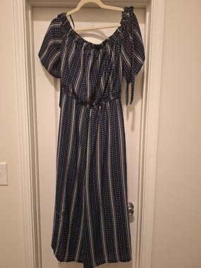 Navy and White Striped Off-Shoulder Jumpsuit